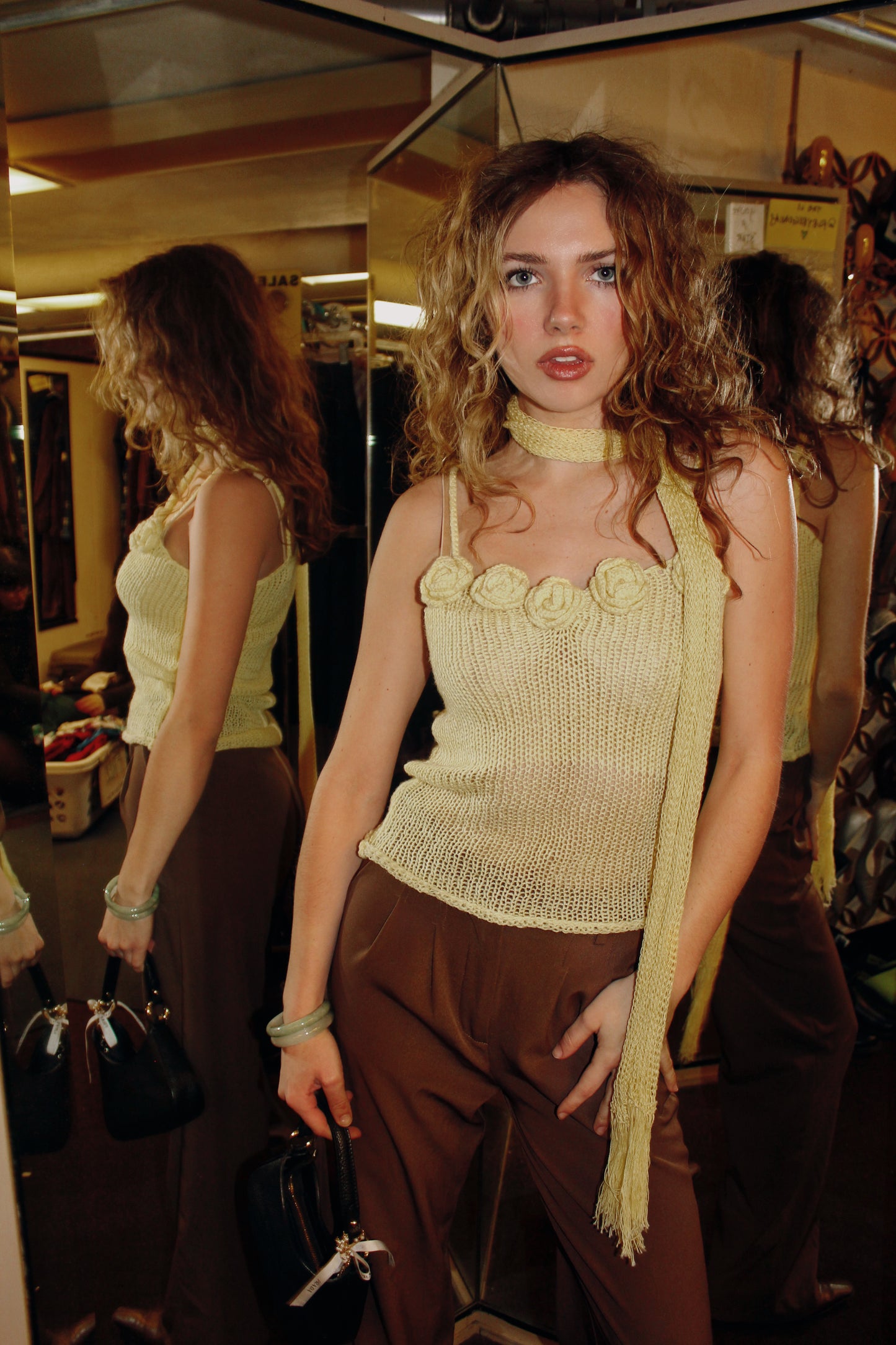 Butter yellow knit rose top with scarf